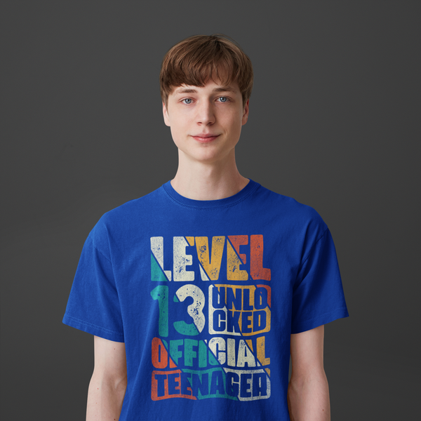 Men's 13th Birthday Shirt Official Teenager T Shirt Humor Level Unlocked Gamer Gaming 13th Birthday T-Shirt Gift For Him Unisex Tee Man-Shirts By Sarah
