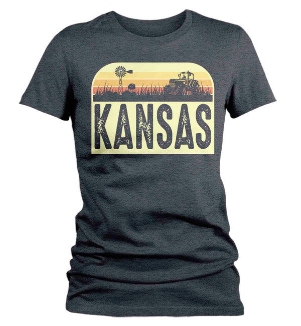Women's Retro Kansas Shirt Farm Tractor T Shirt Vintage State Pride Farming Farmer Gift Kansas State Tee Ladies Woman-Shirts By Sarah