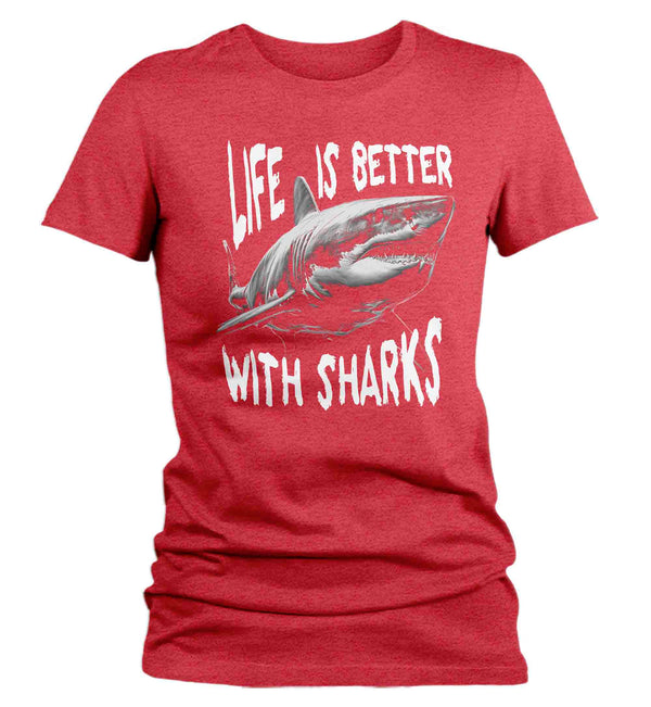 Women's Great White Shark Shirt Life Is Better With T Shirt Ocean Sea Shark Fish Gift Great White Predator Graphic Tee For Her Ladies-Shirts By Sarah