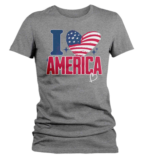 Women's Love America Shirt Patriotic T Shirt 4th July Heart Flag Love U.S. Country Independence Day Tee Man Gift For Her Ladies-Shirts By Sarah