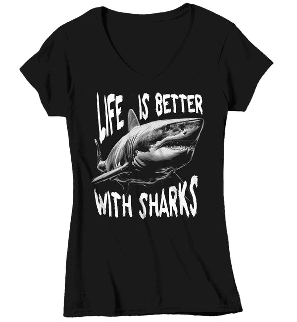 Women's V-Neck Great White Shark Shirt Life Is Better With T Shirt Ocean Sea Shark Fish Gift Great White Predator Graphic Tee For Her Ladies-Shirts By Sarah