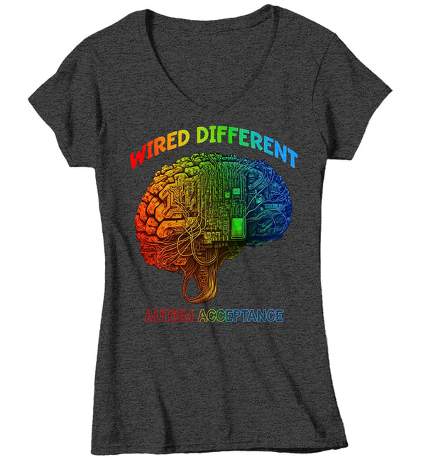 Women's V-Neck Autism T Shirt Acceptance Shirts Wired Different Awareness AI Brain Graphic Tee Disorder ASD AuDHD Asperger's Ladies Woman-Shirts By Sarah