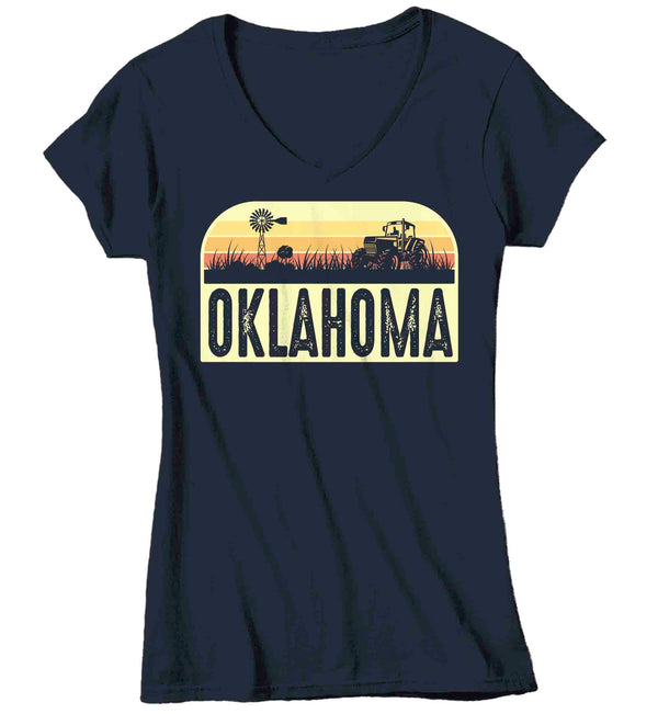 Women's V-Neck Retro Oklahoma Shirt Farm Tractor T Shirt Vintage State Pride Farming Farmer Gift Oklahoma State Tee Ladies Woman-Shirts By Sarah