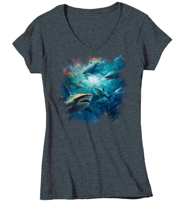 Women's V-Neck Shark Shirt Underwater T Shirt Photorealistic Tee Ocean Great White Fish Graphic Marine Biologist Gift Idea Ladies Woman-Shirts By Sarah