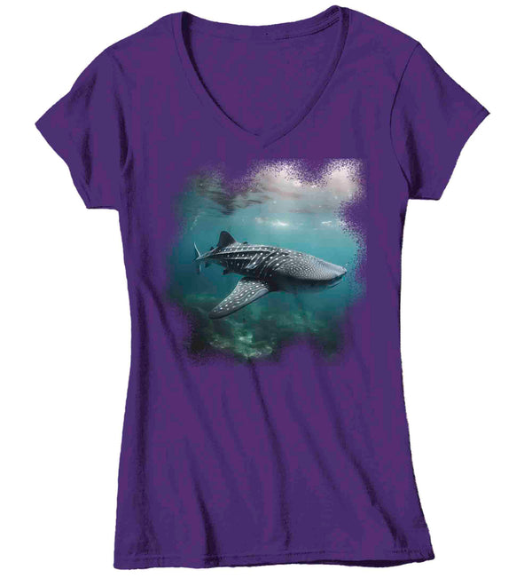 Women's V-Neck Whale Shark Shirt Photo Underwater TShirt Photorealistic Scuba Diver Ocean Fish Marine Biologist Gift Idea Tee Ladies-Shirts By Sarah