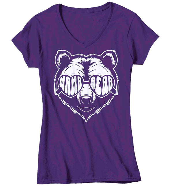 Women's V-Neck Mama Bear T Shirt Mom Shirts Hipster Shades Sunglasses Mothers Day Gift Mother's For Her Graphic Tee Ladies Woman-Shirts By Sarah