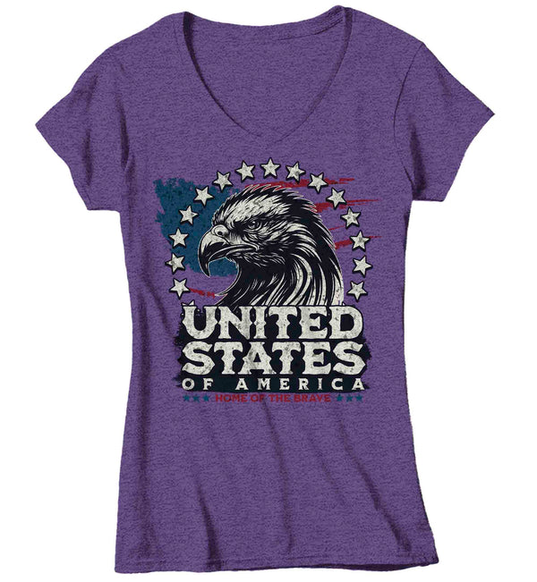 Women's V-Neck Home Of The Brave Shirt Patriotic T Shirt 4th July Flag Bald Eagle Grunge Independence Day Tee Gift For Her Ladies-Shirts By Sarah