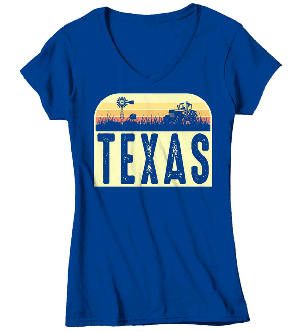 Women's V-Neck Retro Texas Shirt Farm Tractor T Shirt Vintage State Pride Farming Farmer Gift Texas State Tee Ladies Woman-Shirts By Sarah