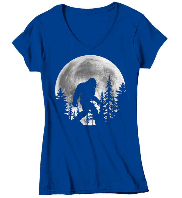 Women's V-Neck Glow In The Dark Bigfoot Shirt Sasquatch GITD Moon T Shirt Cryptozoology Gift Squatch Forest Hipster Geek Graphic Tee Ladies-Shirts By Sarah