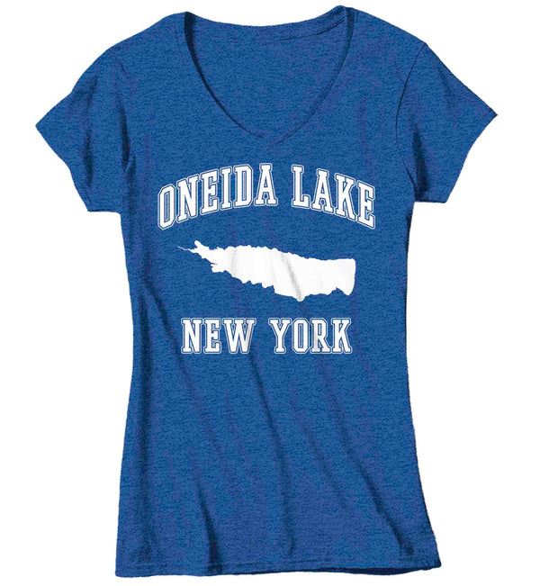Women's V-Neck Oneida Lake Shirt Boater T Shirt Fisherman Boating Fishing Lake Life Father's Day Tee Man Gift For Her Ladies-Shirts By Sarah