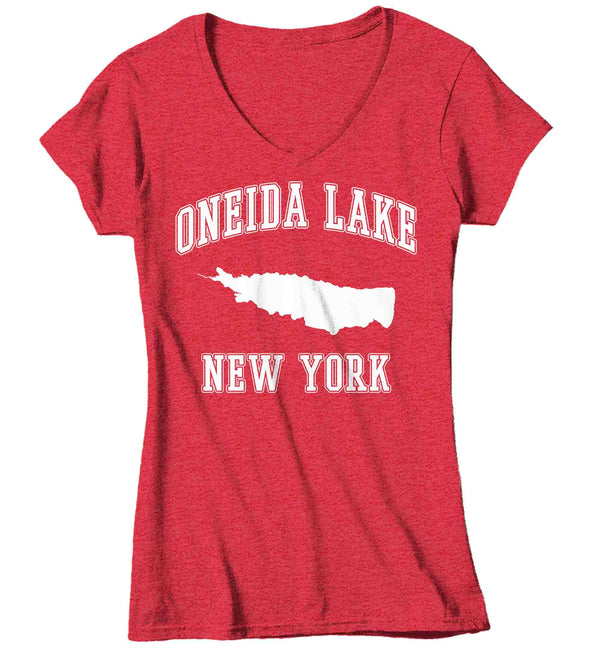 Women's V-Neck Oneida Lake Shirt Boater T Shirt Fisherman Boating Fishing Lake Life Father's Day Tee Man Gift For Her Ladies-Shirts By Sarah