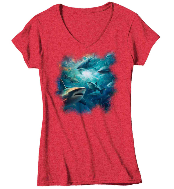 Women's V-Neck Shark Shirt Underwater T Shirt Photorealistic Tee Ocean Great White Fish Graphic Marine Biologist Gift Idea Ladies Woman-Shirts By Sarah