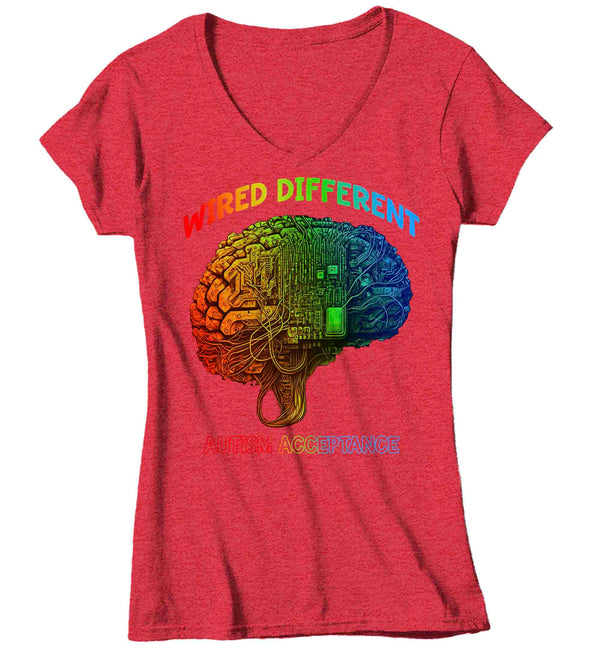 Women's V-Neck Autism T Shirt Acceptance Shirts Wired Different Awareness AI Brain Graphic Tee Disorder ASD AuDHD Asperger's Ladies Woman-Shirts By Sarah