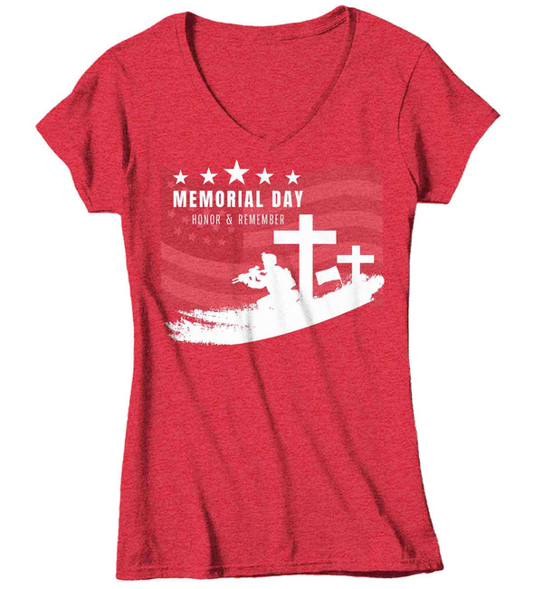 Women's V-Neck Memorial Day Shirt Patriotic T-Shirt Honor & Remember Patriot Fallen Soldier Military United States Veteran Graphic Tee Ladies-Shirts By Sarah