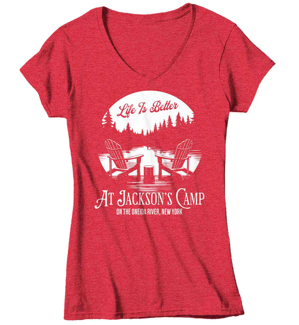 Women's V-Neck Personalized River Cabin T Shirt Life Is Better At Lake House Reunion Custom Camp Group Tees Camping TShirts Ladies Gift For Her-Shirts By Sarah