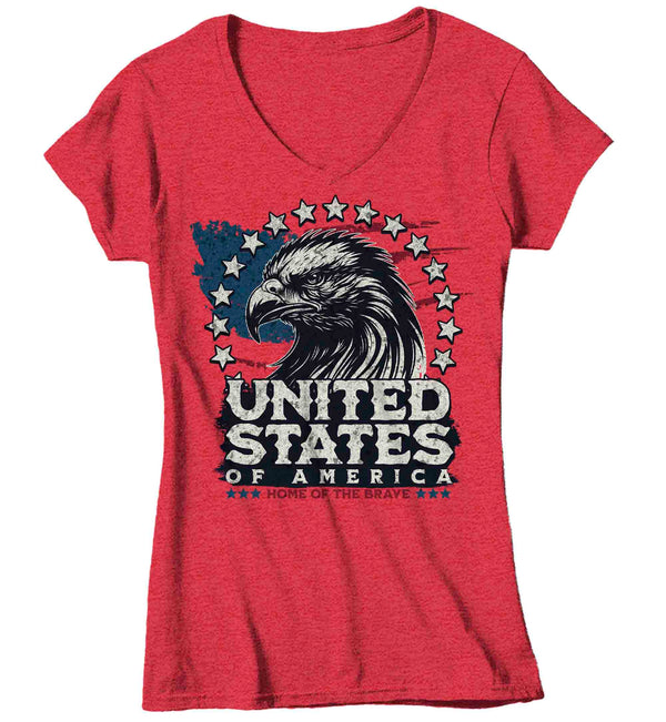 Women's V-Neck Home Of The Brave Shirt Patriotic T Shirt 4th July Flag Bald Eagle Grunge Independence Day Tee Gift For Her Ladies-Shirts By Sarah