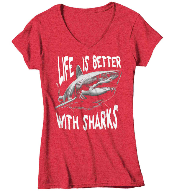 Women's V-Neck Great White Shark Shirt Life Is Better With T Shirt Ocean Sea Shark Fish Gift Great White Predator Graphic Tee For Her Ladies-Shirts By Sarah
