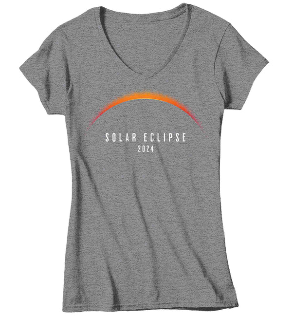 Women's V-Neck Glow In The Dark Eclipse 2024 Shirt Solar Eclipse GITD Glows T Shirt Astronomy Gift Astronomer Science Geek Graphic Tee Ladies-Shirts By Sarah