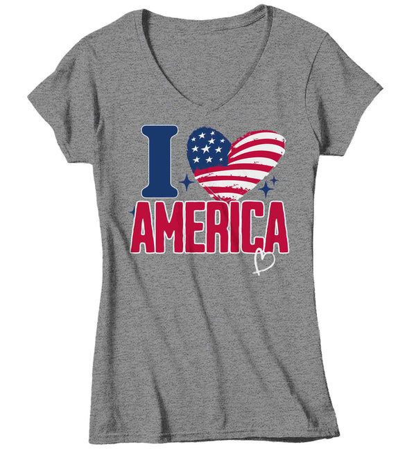 Women's V-Neck Love America Shirt Patriotic T Shirt 4th July Heart Flag Love U.S. Country Independence Day Tee Man Gift For Her Ladies-Shirts By Sarah