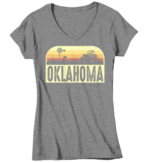 Women's V-Neck Retro Oklahoma Shirt Farm Tractor T Shirt Vintage State Pride Farming Farmer Gift Oklahoma State Tee Ladies Woman-Shirts By Sarah