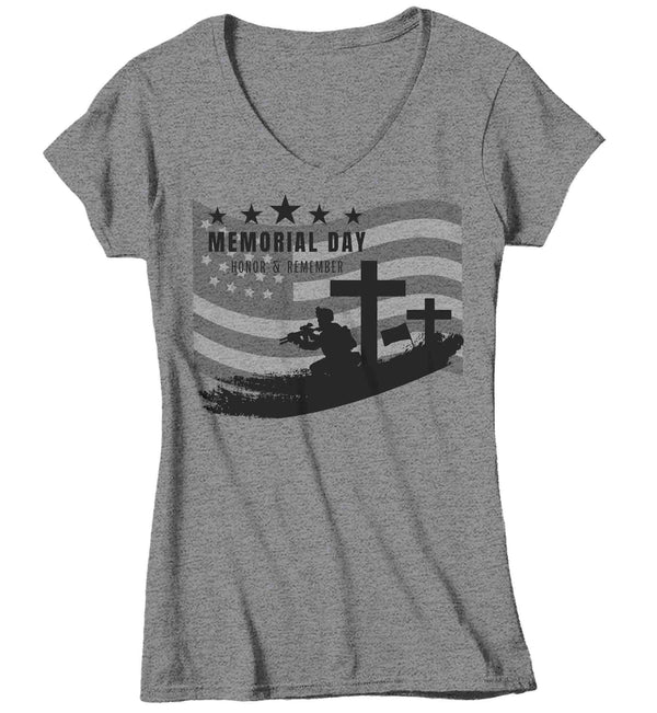 Women's V-Neck Memorial Day Shirt Patriotic T-Shirt Honor & Remember Patriot Fallen Soldier Military United States Veteran Graphic Tee Ladies-Shirts By Sarah