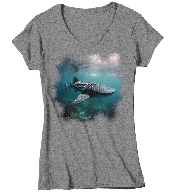 Women's V-Neck Whale Shark Shirt Photo Underwater TShirt Photorealistic Scuba Diver Ocean Fish Marine Biologist Gift Idea Tee Ladies-Shirts By Sarah