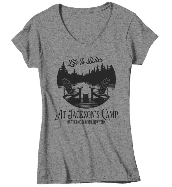 Women's V-Neck Personalized River Cabin T Shirt Life Is Better At Lake House Reunion Custom Camp Group Tees Camping TShirts Ladies Gift For Her-Shirts By Sarah