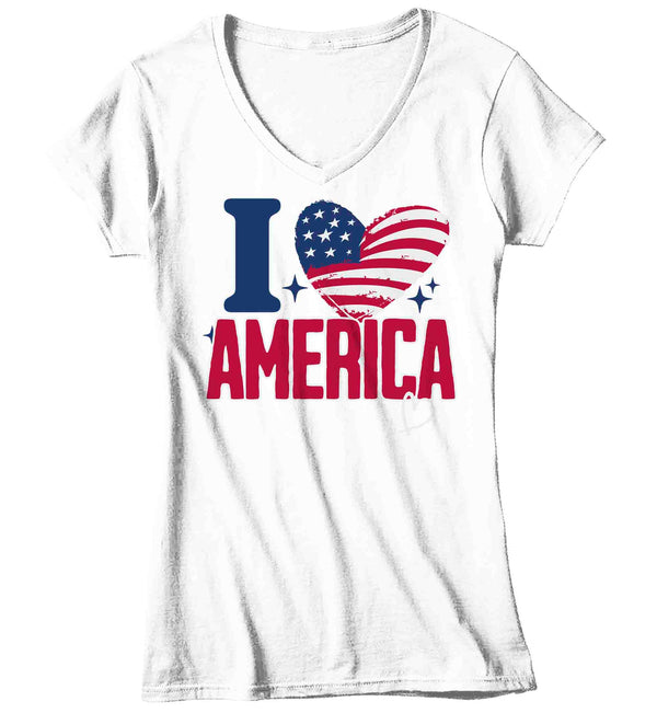 Women's V-Neck Love America Shirt Patriotic T Shirt 4th July Heart Flag Love U.S. Country Independence Day Tee Man Gift For Her Ladies-Shirts By Sarah