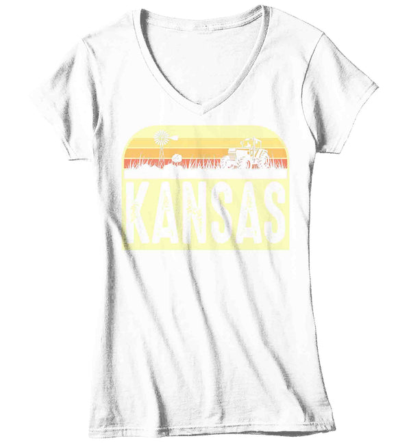 Women's V-Neck Retro Kansas Shirt Farm Tractor T Shirt Vintage State Pride Farming Farmer Gift Kansas State Tee Ladies Woman-Shirts By Sarah