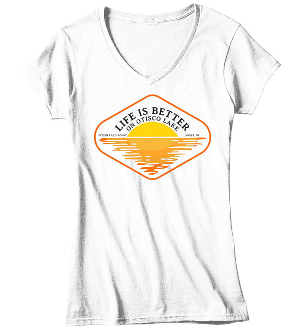Women's V-Neck Personalized Cabin T Shirt Life Is Better At Lake House Reunion Custom River Camp Shirt Camping TShirts Ladies Gift For Her-Shirts By Sarah
