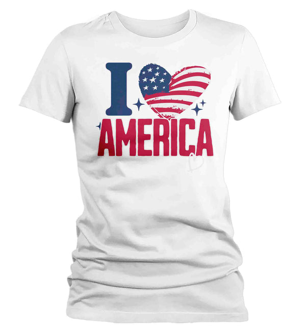 Women's Love America Shirt Patriotic T Shirt 4th July Heart Flag Love U.S. Country Independence Day Tee Man Gift For Her Ladies-Shirts By Sarah