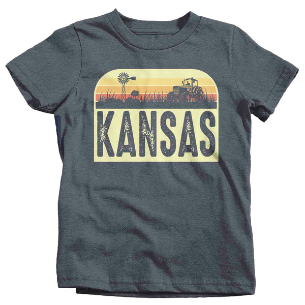 Kids Retro Kansas Shirt Farm Tractor T Shirt Vintage State Pride Farming Farmer Gift Kansas State Tee Youth Unisex-Shirts By Sarah