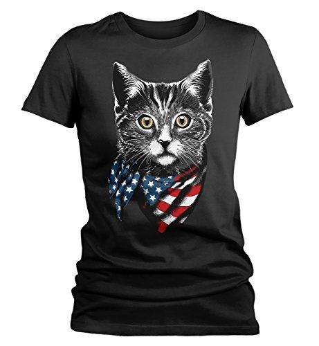 Shirts By Sarah Women's American Cat T-Shirt Americat Patriotic Shirts 4th July Flag-Shirts By Sarah