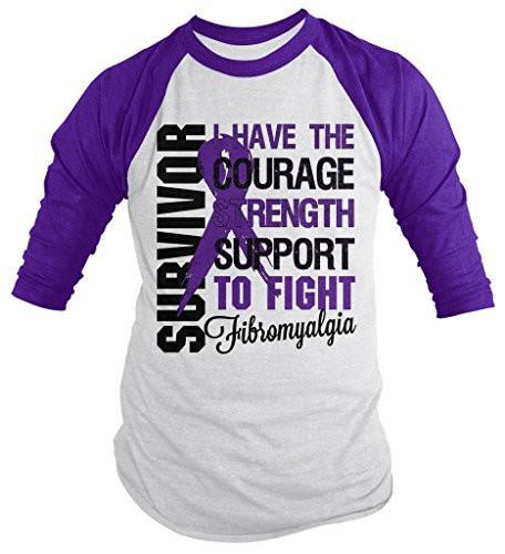 Shirts By Sarah Men's Fibromyalgia Survivor Shirt 3/4 Sleeve Raglan Shirts Purple Ribbon-Shirts By Sarah