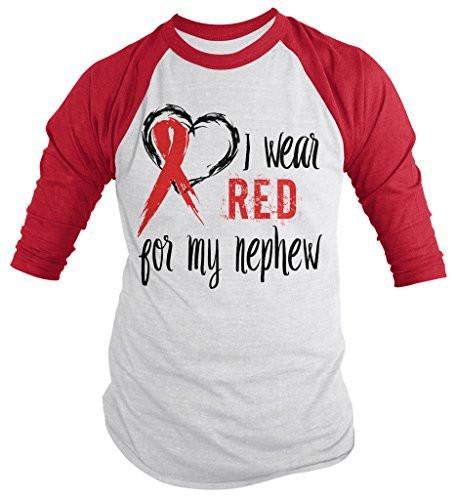 Shirts By Sarah Men's Red Ribbon Shirt Wear For Nephew 3/4 Sleeve Raglan Awareness Shirts-Shirts By Sarah