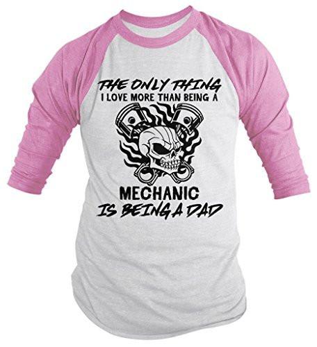Shirts By Sarah Men's Mechanic T-Shirt Love Being A Dad Skull Piston 3/4 Sleeve Raglan Shirt-Shirts By Sarah