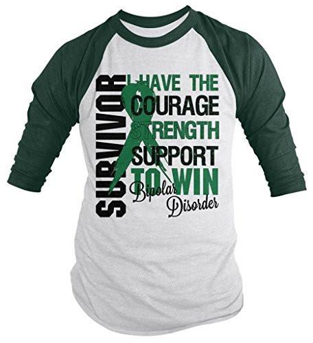 Shirts By Sarah Men's Bipolar Disorder Survivor Shirt 3/4 Sleeve Shirts Green Ribbon-Shirts By Sarah