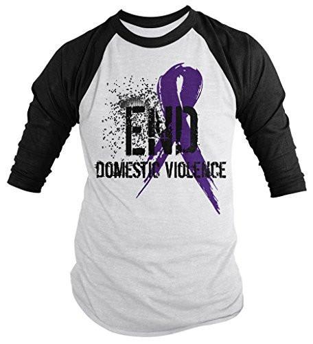 Shirts By Sarah Men's End Domestic Violence Purple Ribbon Shirt 3/4 Sleeve Raglan Shirts-Shirts By Sarah