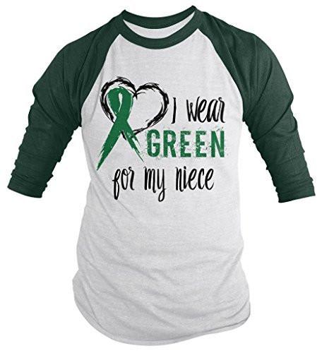 Shirts By Sarah Men's Green Ribbon Shirt Wear For Niece 3/4 Sleeve Raglan Awareness Shirts-Shirts By Sarah