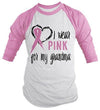 Shirts By Sarah Men's Pink Ribbon Shirt Wear For Grandma 3/4 Sleeve Raglan Awareness Shirts
