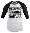Shirts By Sarah Men's Unisex Funny Mechanic Shirt Bad*ss Nut Busting 3/4 Sleeve Raglan