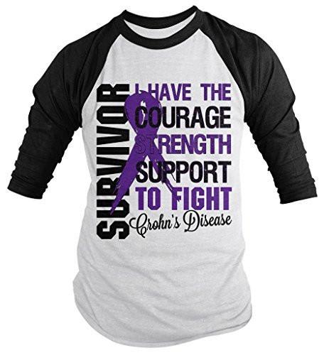 Shirts By Sarah Men's Crohn's Disease Survivor Shirt 3/4 Sleeve Raglan Shirts Purple Ribbon-Shirts By Sarah