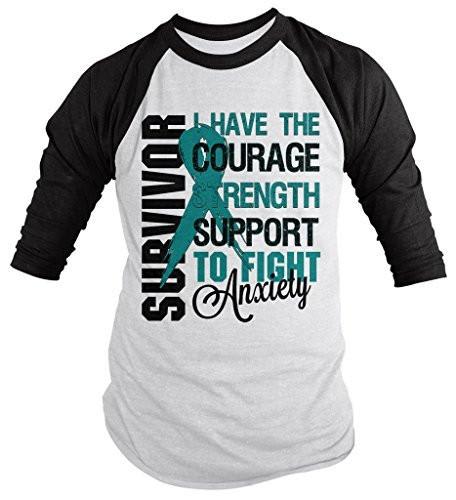 Shirts By Sarah Men's Anxiety Survivor Shirt 3/4 Sleeve Raglan Shirts Teal Ribbon-Shirts By Sarah