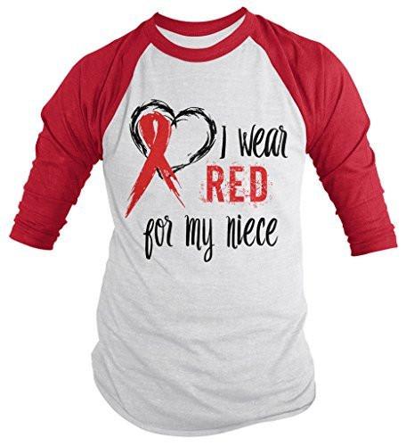 Shirts By Sarah Men's Red Ribbon Shirt Wear For Niece 3/4 Sleeve Raglan Awareness Shirts-Shirts By Sarah