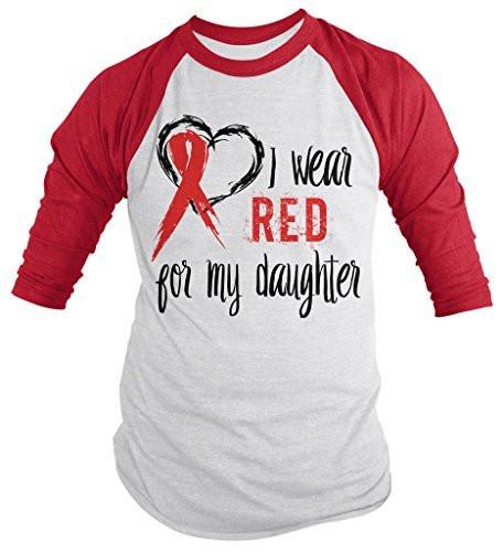Shirts By Sarah Men's Red Ribbon Shirt Wear For Daughter 3/4 Sleeve Raglan Awareness Shirts-Shirts By Sarah