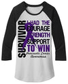 Shirts By Sarah Junior's Pancreatic Cancer Survivor Shirt 3/4 Sleeve Raglan Shirts Purple Ribbon
