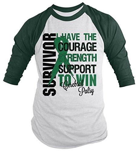 Shirts By Sarah Men's Cerebral Palsy Survivor Shirt 3/4 Sleeve Shirts Green Ribbon-Shirts By Sarah