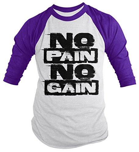 Shirts By Sarah Men's Workout Shirt No Pain No Gain Gym 3/4 Sleeve Raglan Shirts-Shirts By Sarah