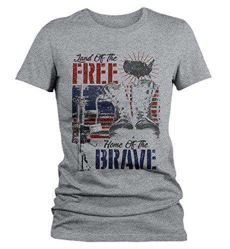 Shirts By Sarah Women's 4th July T-Shirt Land Free Home Brave Tee Soldier Shirt-Shirts By Sarah