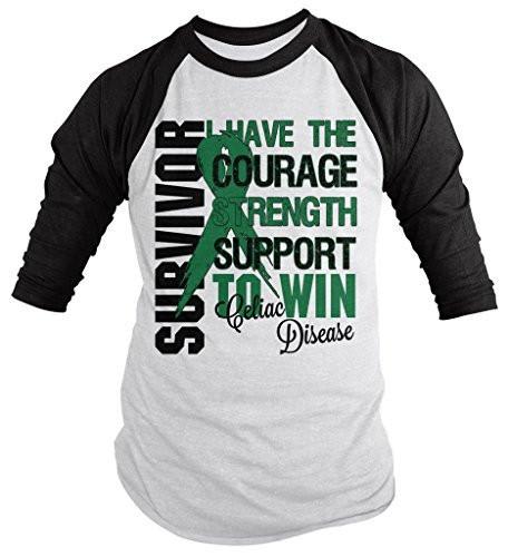 Shirts By Sarah Men's Celiac Disease Survivor Shirt 3/4 Sleeve Shirts Green Ribbon-Shirts By Sarah